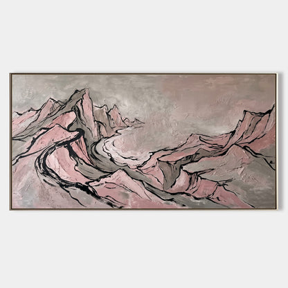 Large Pink And Black Abstract Mountain Wall Art For Modern Living Room Decor
