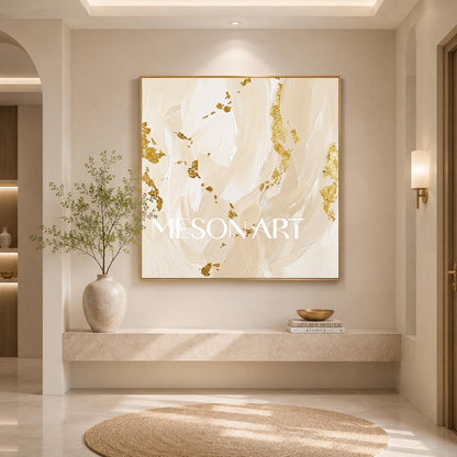 Luxury Gold Leaf Abstract Painting Beige Minimalist Art For Modern Home Decor