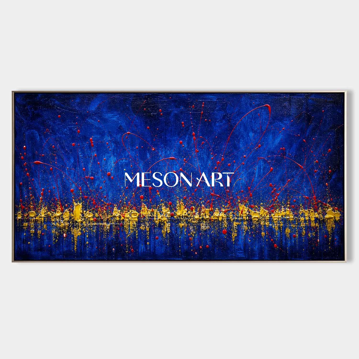 Pollock Abstract Style Blue Gold Painting Original Handmade Oil Art For Living Room