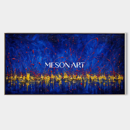 Pollock Abstract Style Blue Gold Painting Original Handmade Oil Art For Living Room