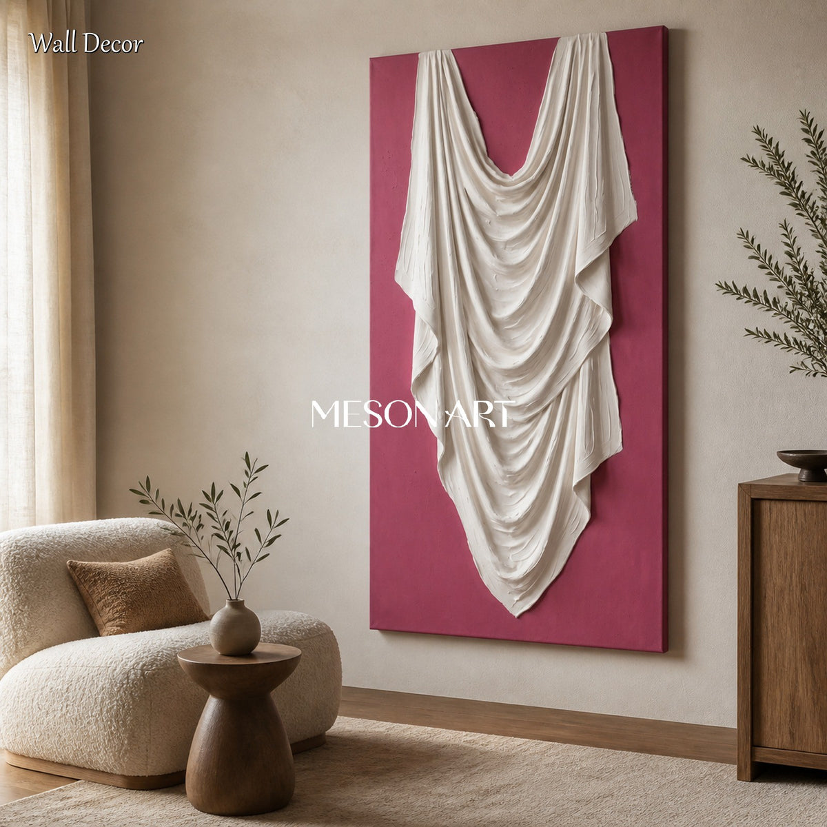 Pink And White 3D Textured Art Sculptural Wall Decor Panoramic Canvas By Mesonart