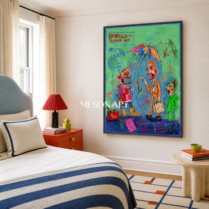 Green And Blue Graffiti Narrative Figurative Cartoon Art Rectangular Wall Decor For Living Room By Mesonart