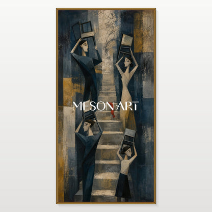 Blue And Gold Cubist Abstract Geometric Modern Figures Stairs Chairs Panoramic Textured Canvas Original Artist Hand Painted By Mesonart