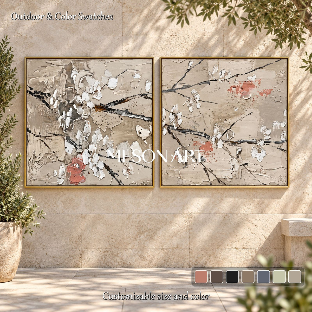 Beige And White Sakura Floral Art Square Wall Decor Original Artist Hand Painted By Mesonart