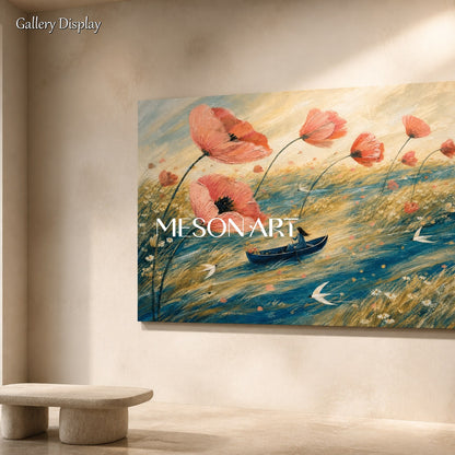 Pink And Blue Poppy Floral Surreal Boat Birds Rectangular Wall Art Original Artist Hand Painted By Mesonart