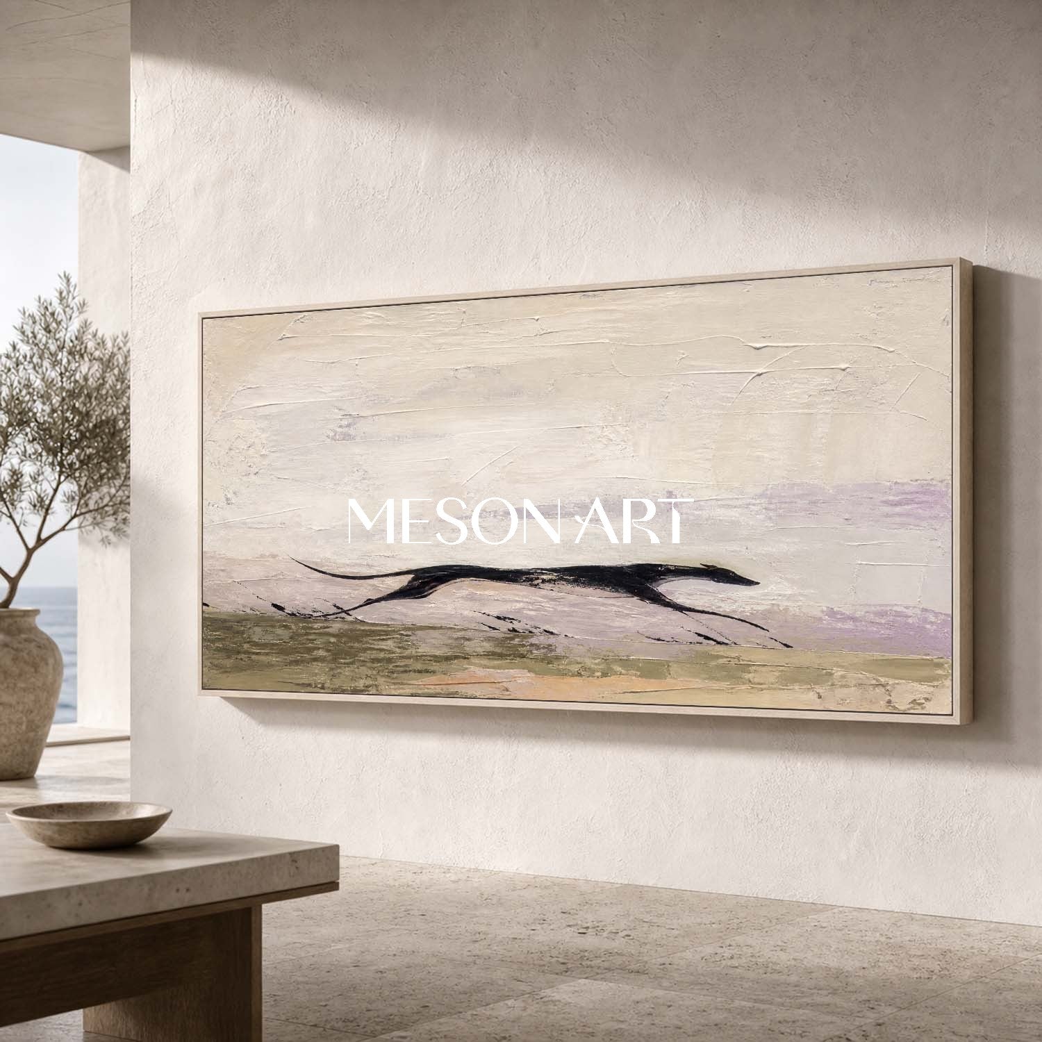 Large Minimalist Abstract Dog Painting On Linen Canvas For Modern Home Decor