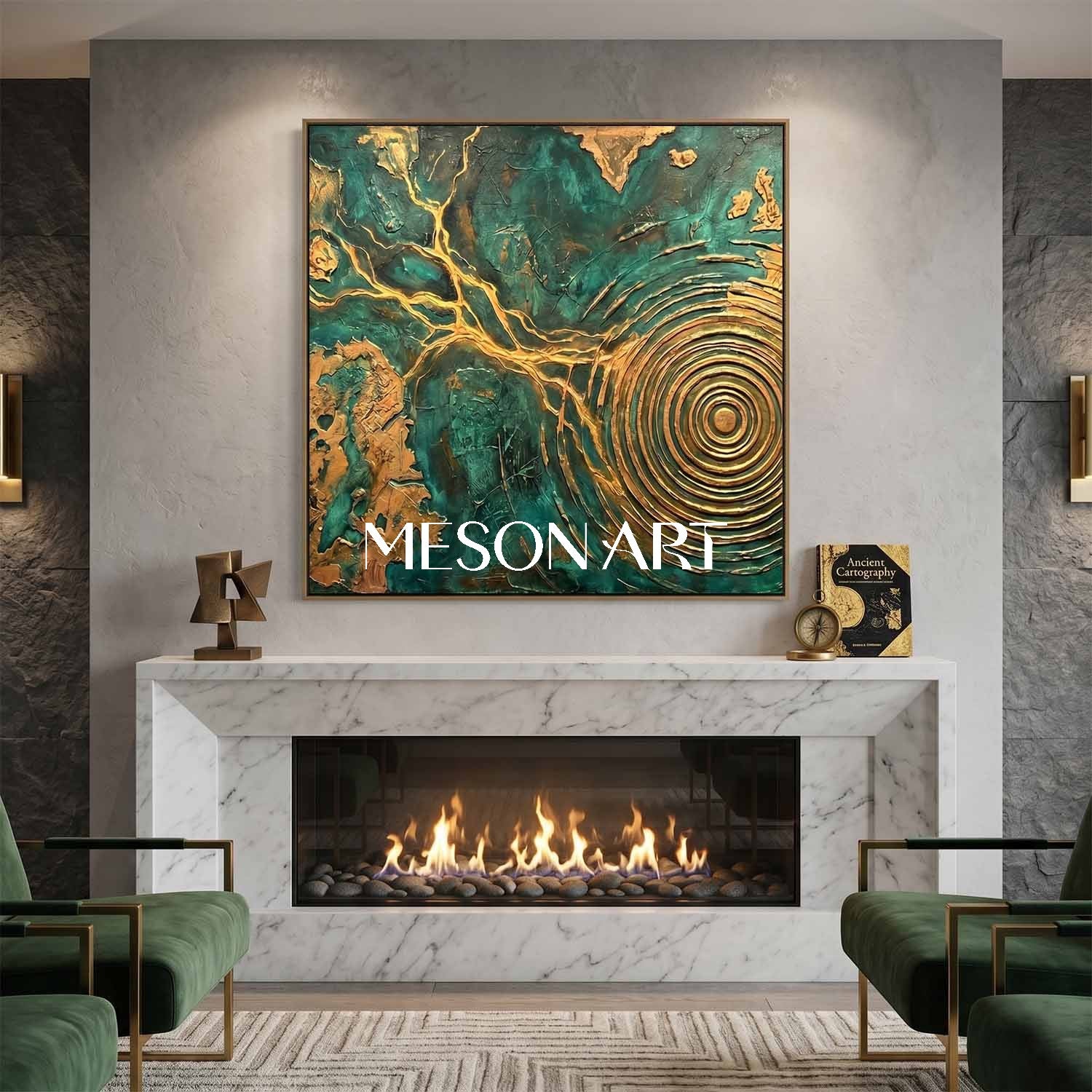 Emerald Green And Gold Abstract Painting With Textured Relief For Modern Living Room Decor