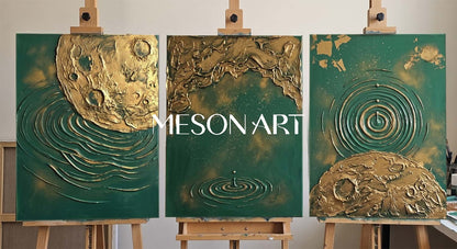 Green And Gold Textured Abstract Triptych Art For Modern Living Room Entryway Decor