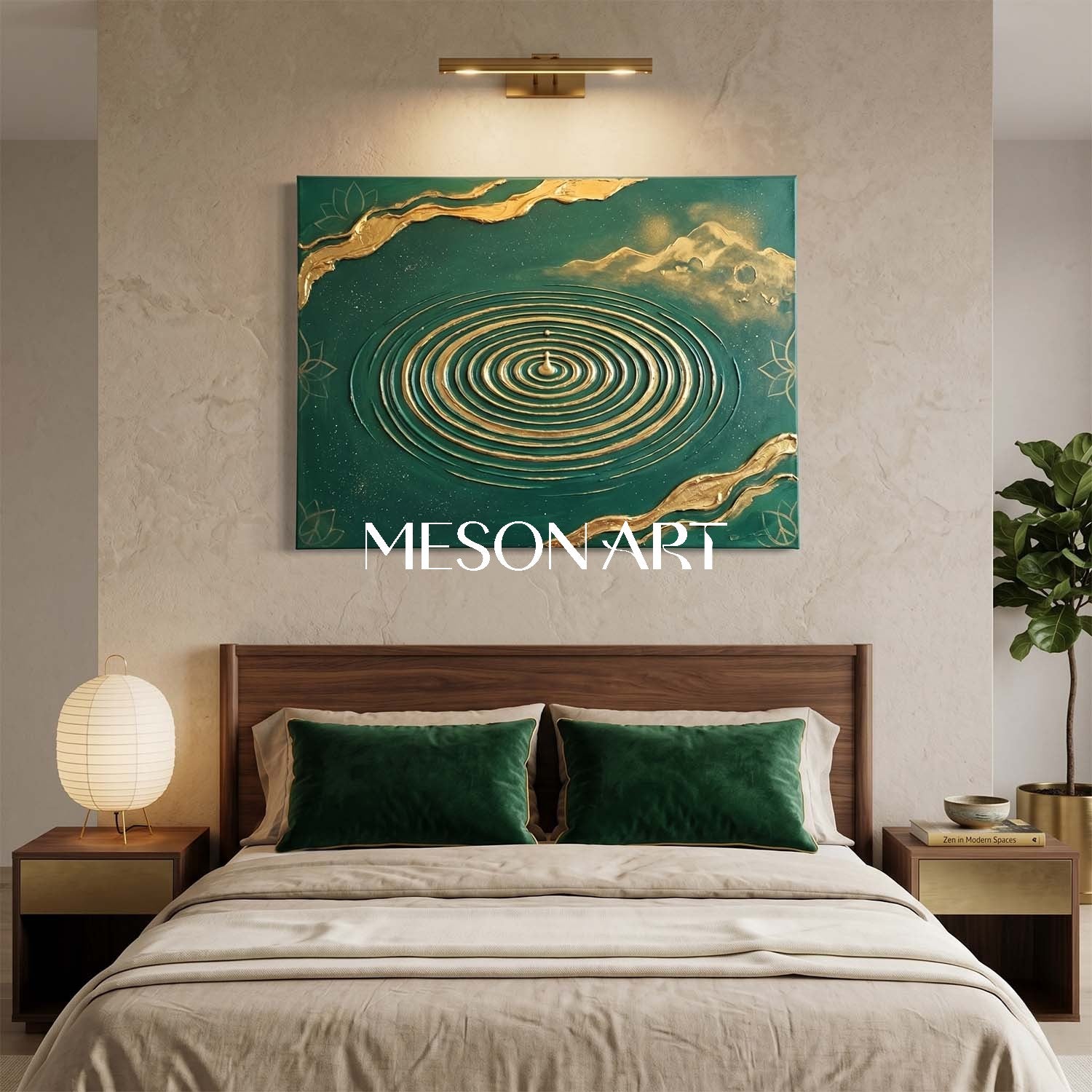 Emerald Green And Gold Textured Art Deco Painting For Modern Living Room Decor