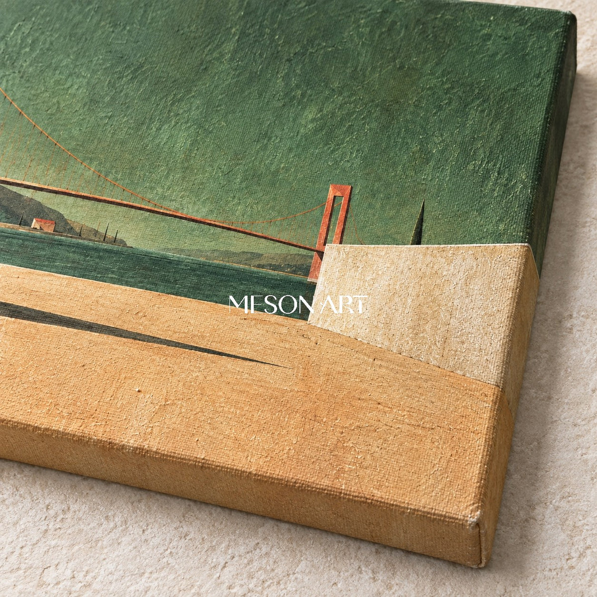 Green And Brown Surrealist Architectural Painting Minimal Geometric Bridge Horizon Panoramic Wall Art For Living Room By Mesonart