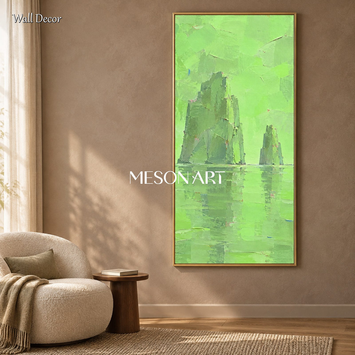 Green Abstract Landscape Painting Textured Modern Art By Artist For Living Room Panoramic Wall Decor By Mesonart