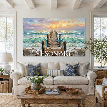 Luxury Coastal Seascape Art With Golden Sunset And Textured Waves For Living Room
