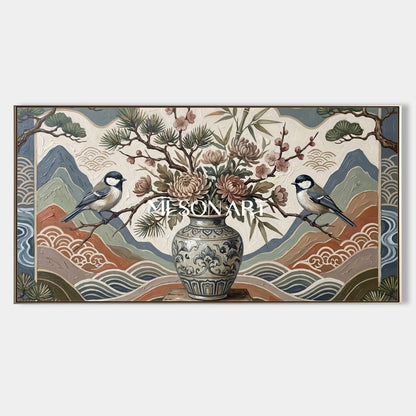 Large Chinoiserie Bird And Floral Art Painting With Textured Relief For Living Room Decor