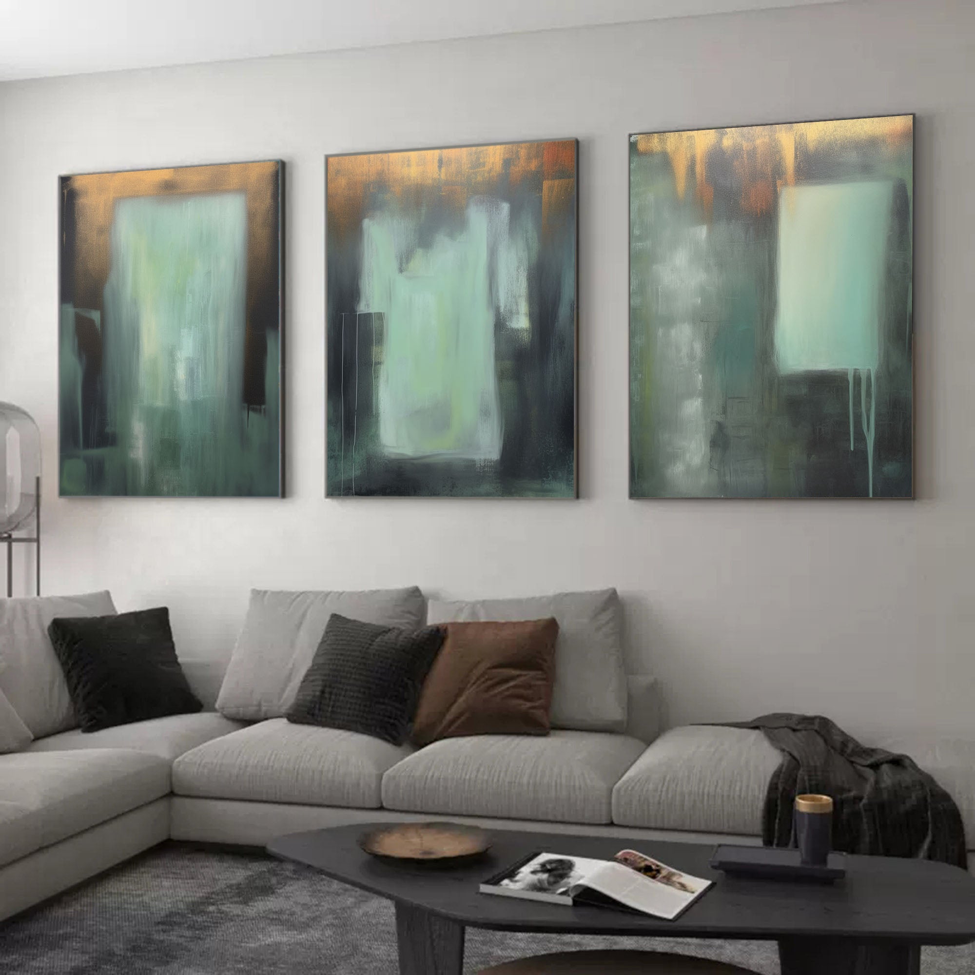 Green and Gold Minimalist Art 3 Piece Set Wabi-Sabi Wall Art Green and Gold Canvas Wall Art