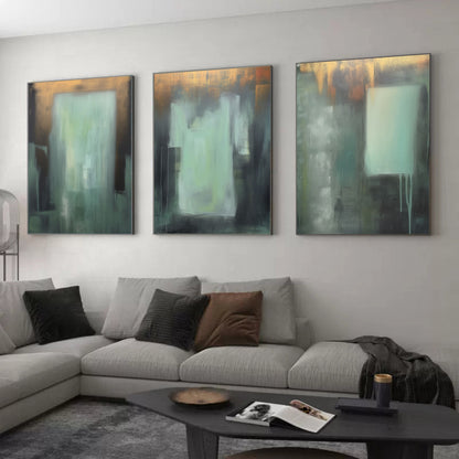 Green and Gold Minimalist Art 3 Piece Set Wabi-Sabi Wall Art Green and Gold Canvas Wall Art