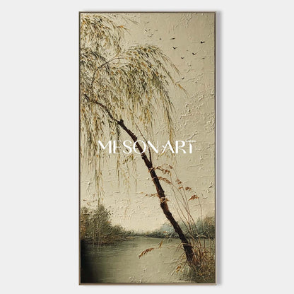 Hand-Painted Chinese Scenery with Willow Trees – Calm Wall Decor | Mesonart