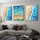 Blue Wave Beach Painting Set of 3 Summer Seaside Holiday Canvas Art Blue Sea Beach Texture Wall Art