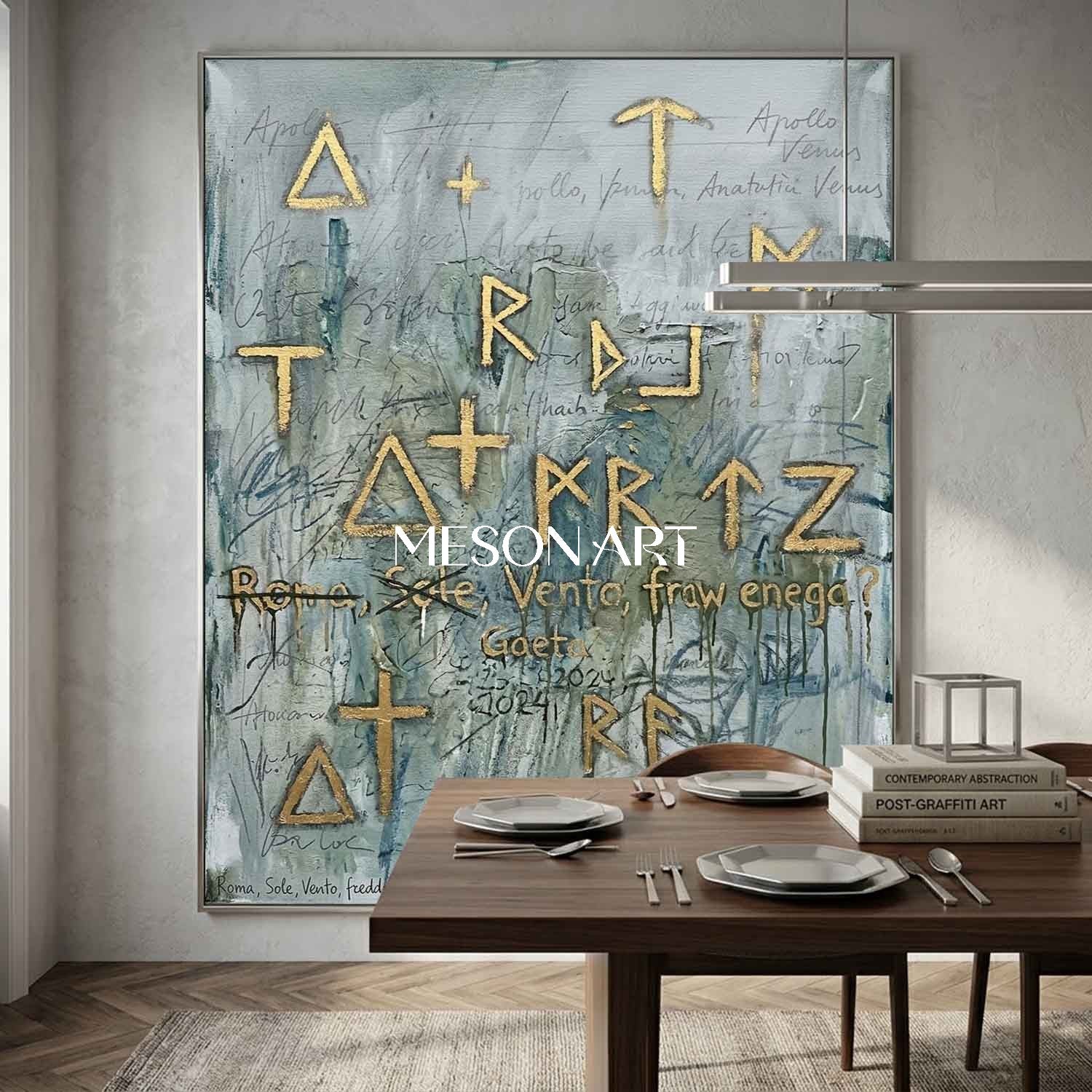 Gray-Green Neo Expressionist Art Statement Framed Canvas Living Room