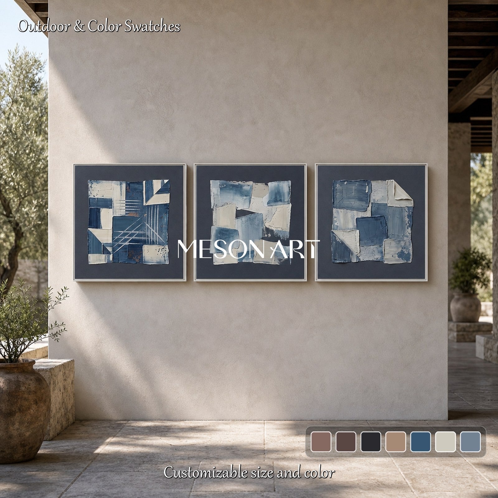 Blue Abstract Art Triptych With Textured Brushwork For Wabi Sabi Home Decor