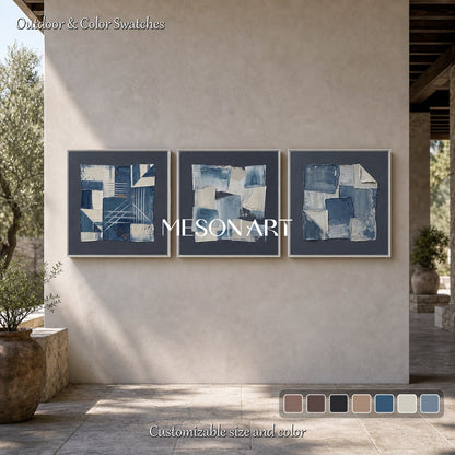 Blue Abstract Art Triptych With Textured Brushwork For Wabi Sabi Home Decor