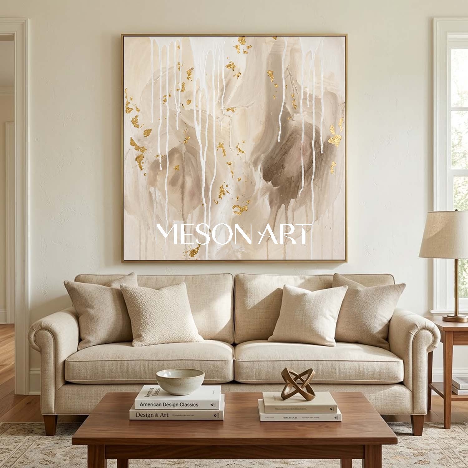 Gilded Abstract Painting With Gold Leaf For Modern Living Room Decor