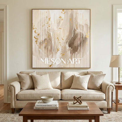 Gilded Abstract Painting With Gold Leaf For Modern Living Room Decor