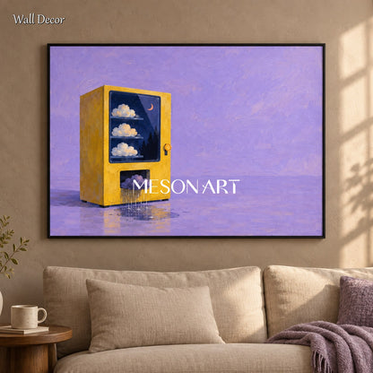 Rechteckiges Leinwandgemälde im Stil des Surrealismus in Lila und Gelb – Original, handgemalt vom Künstler für das Wohnzimmer, von Mesonart
