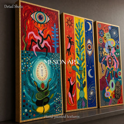 Bold Surrealist Wall Art With Tribal Motifs For Modern Living Room Decor