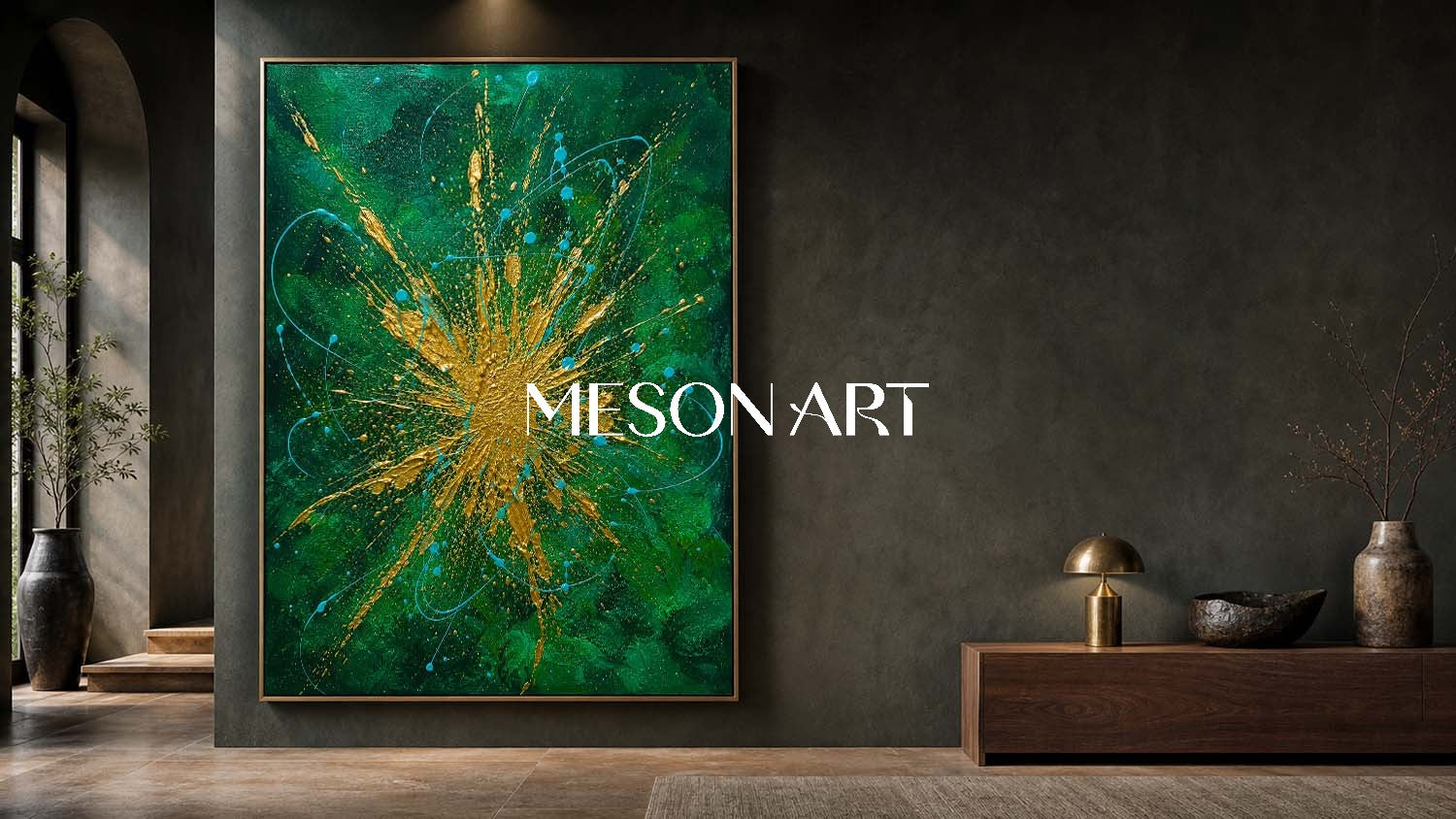 Emerald Green And Gold Abstract Painting With Textured Relief For Modern Living Room Decor