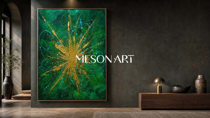 Emerald Green And Gold Abstract Painting With Textured Relief For Modern Living Room Decor