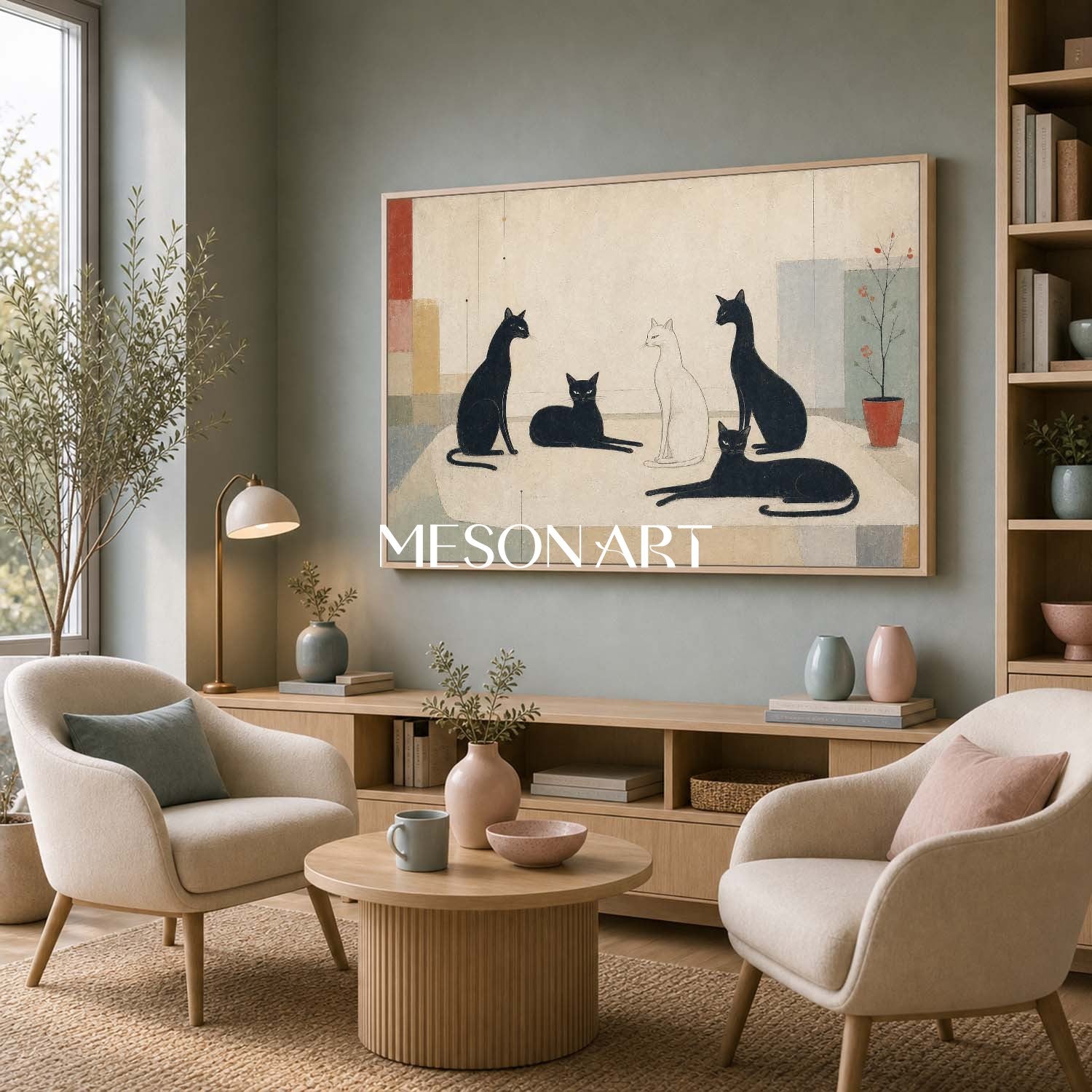 Minimalist Black And White Cat Painting For Modern Home Decor With Art Deco Style