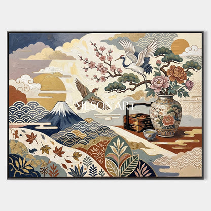 Japanese Ukiyo-E Crane Art With Gold Texture For Living Room Decor