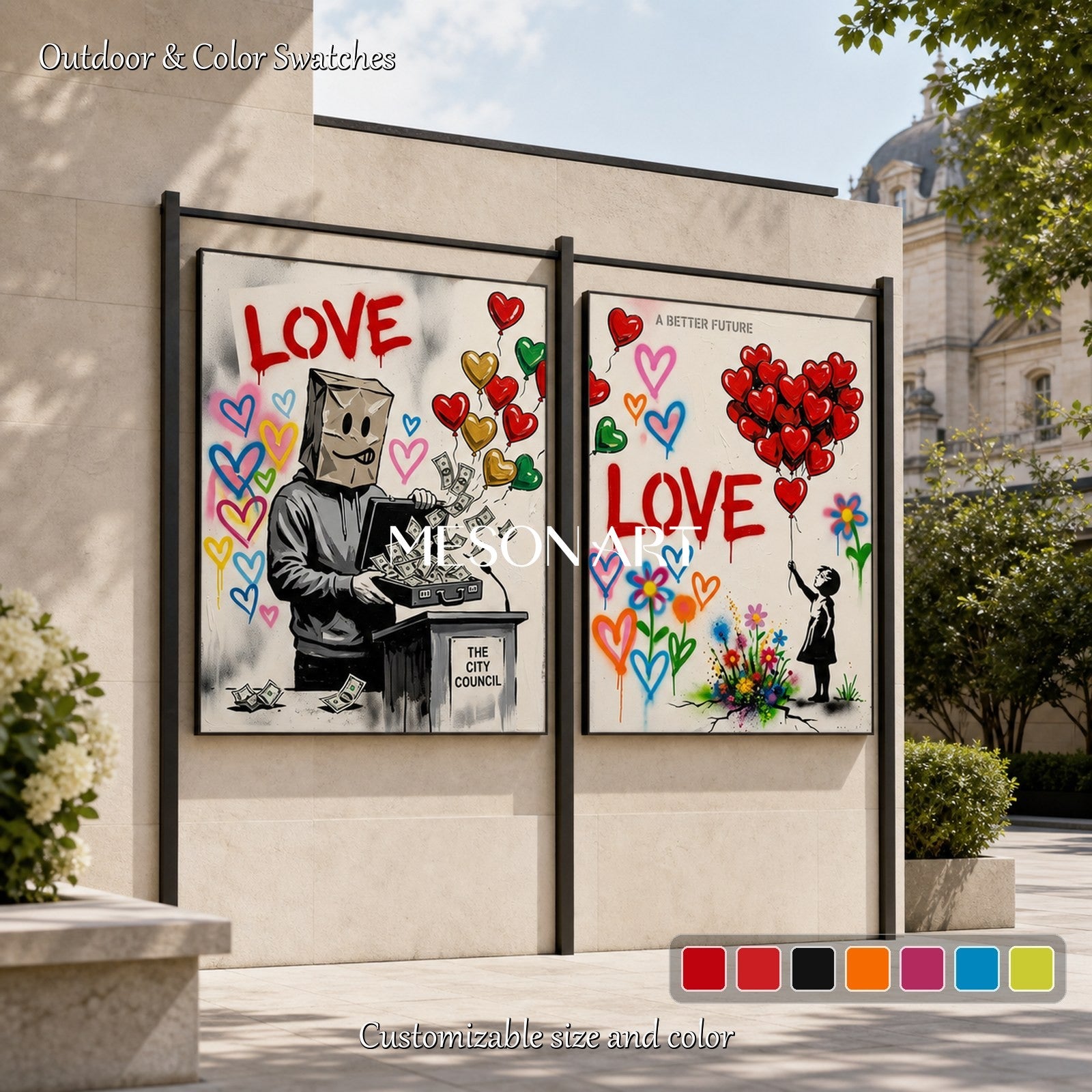 Red And Black Graffiti Painting With Heart Motif Rectangular Wall Art For Living Room By Mesonart