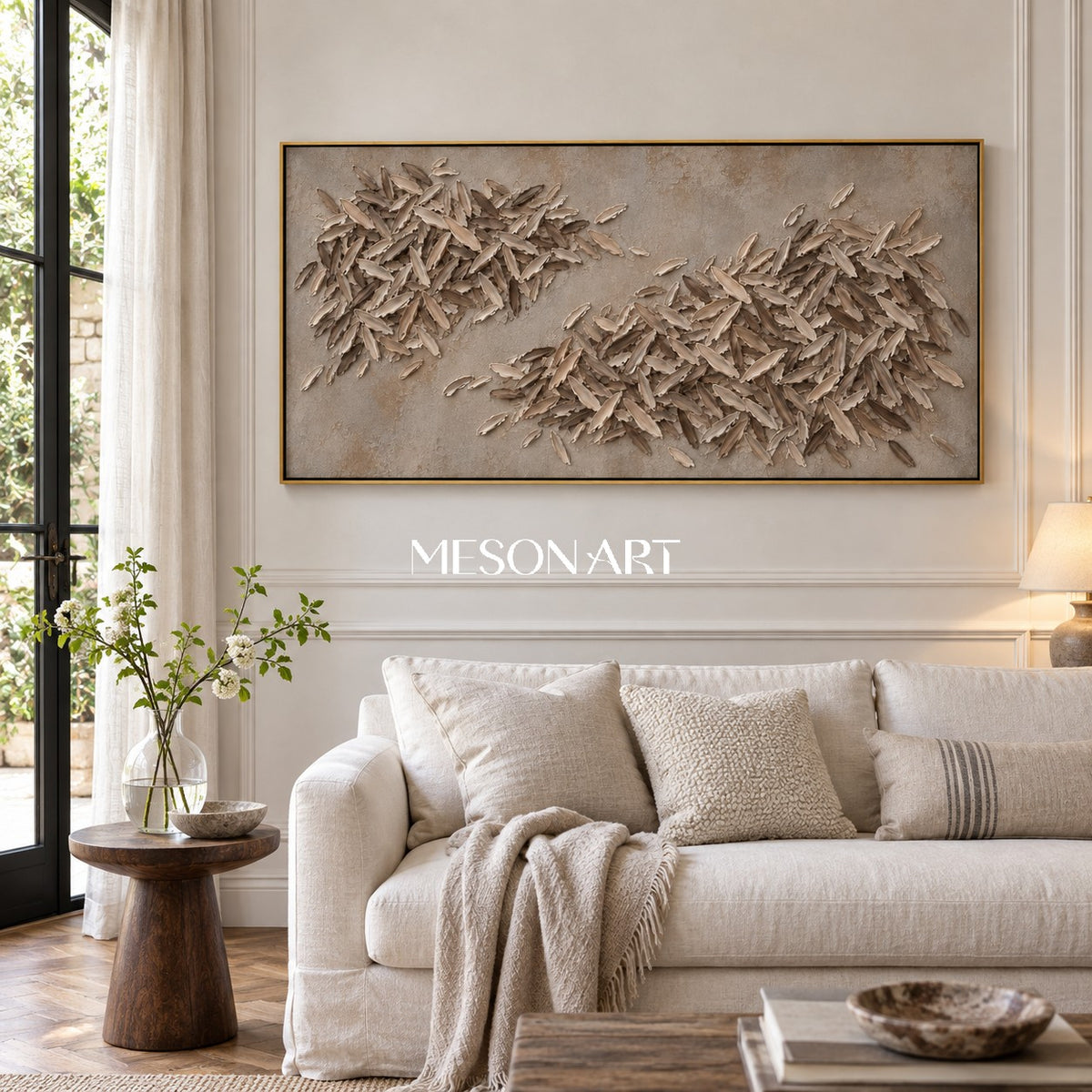 Beige And Brown Textured Abstract Art Minimalist Wabi Sabi Panoramic Wall Decor For Living Room By Mesonart