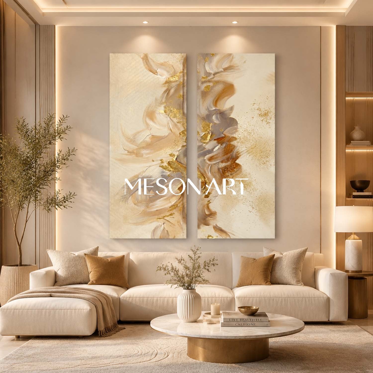 Large Gold Leaf Abstract Painting On Canvas For Modern Living Room Wall Decor
