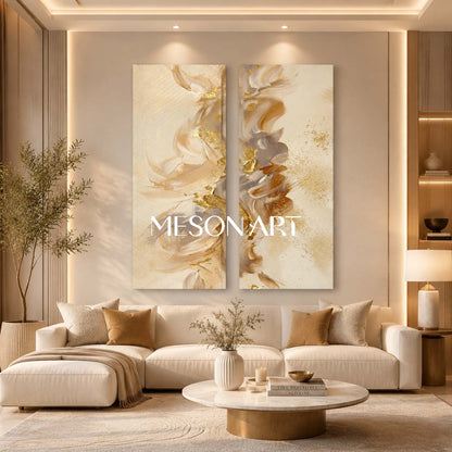 Large Gold Leaf Abstract Painting On Canvas For Modern Living Room Wall Decor