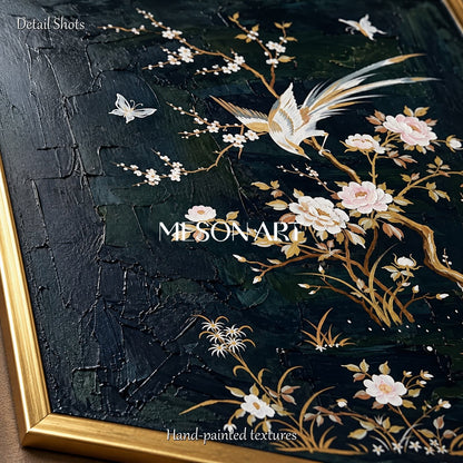 Black And White Japanese Style Floral Painting Rectangular Wall Art Original Artist Hand Painted By Mesonart