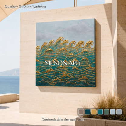 Gilded Wave Painting In Teal And Gold For Art Deco Living Room Decor With Textured Relief