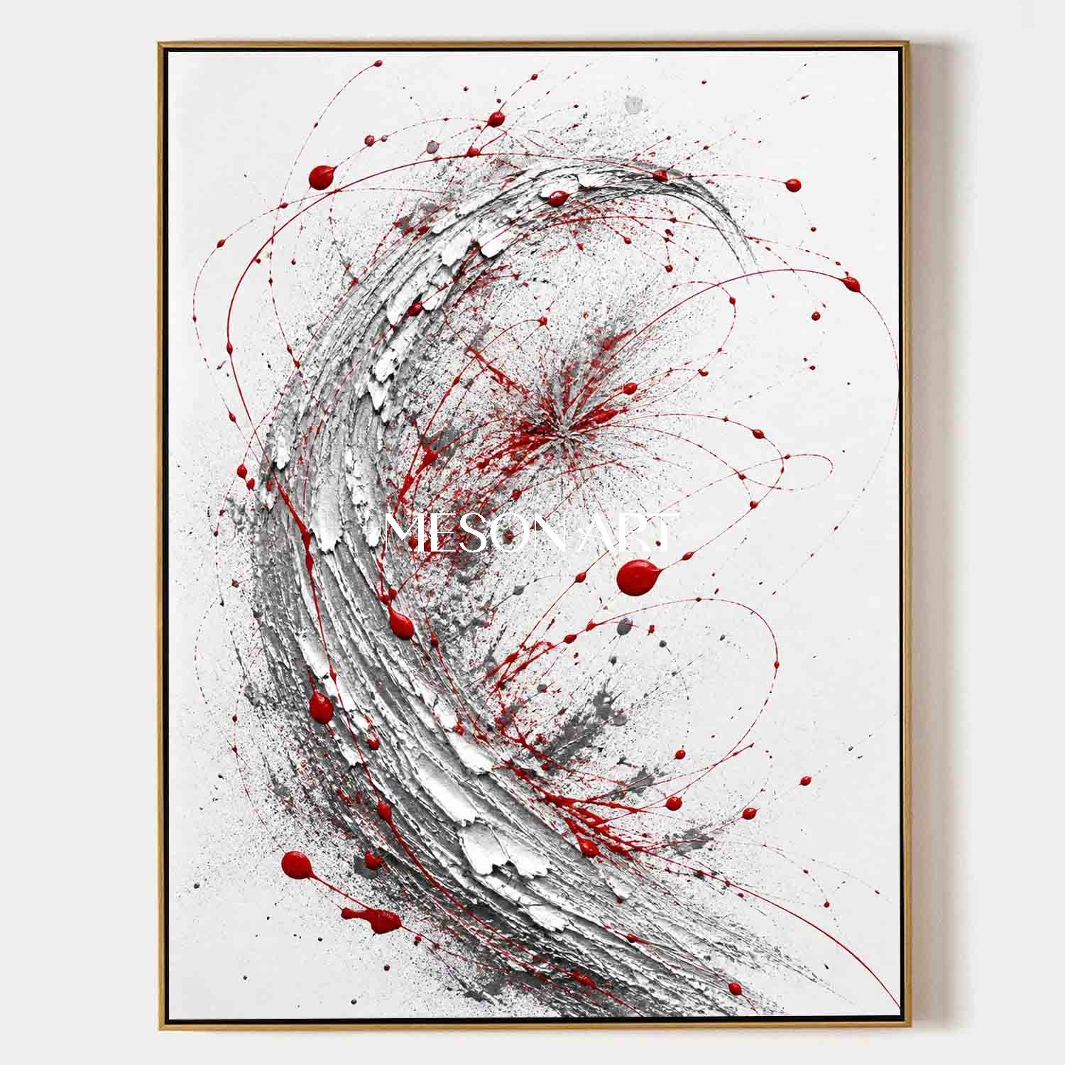 Red And White Abstract Wall Art With Textured Silver Swirl For Modern Living Room Decor