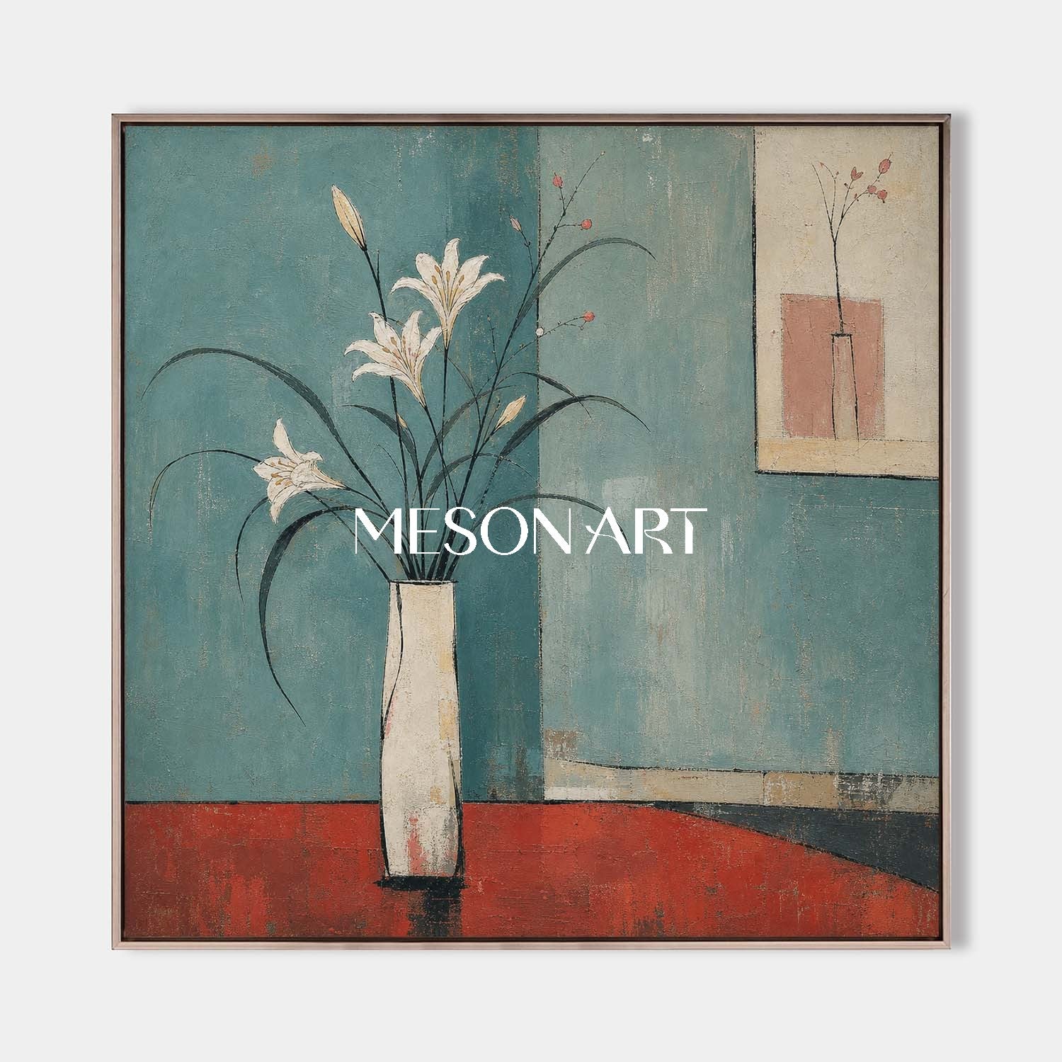 Art Deco Floral Painting With White Lilies On Teal Background For Modern Living Room Decor