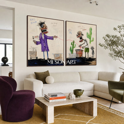 Beige And Purple Graffiti Figurative Cartoon Narrative Art Rectangular Wall Decor For Living Room By Mesonart