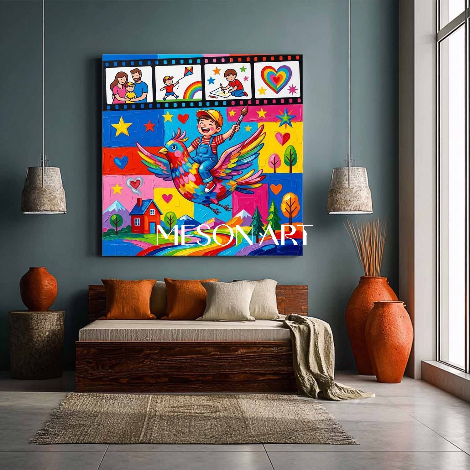 Happy Family Graffiti Art For Kids Room With Colorful Cartoon Bird Painting