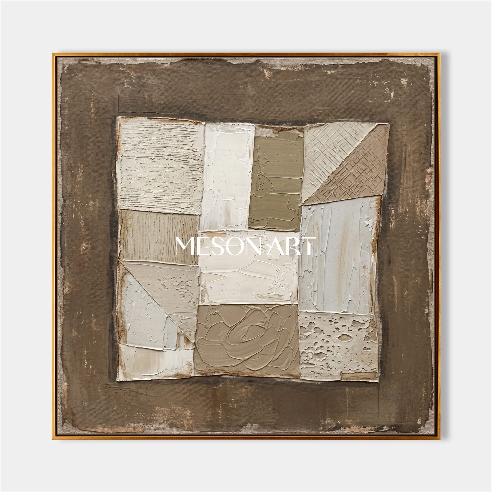 Earthen Silence Abstract Painting In Brown And White With Textured Plaster For Japandi Living Room Decor