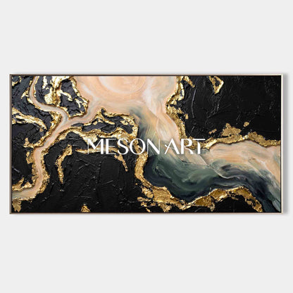 Gilded Tides Abstract Plaster Painting With Gold Leaf For Art Deco Living Room Entryway