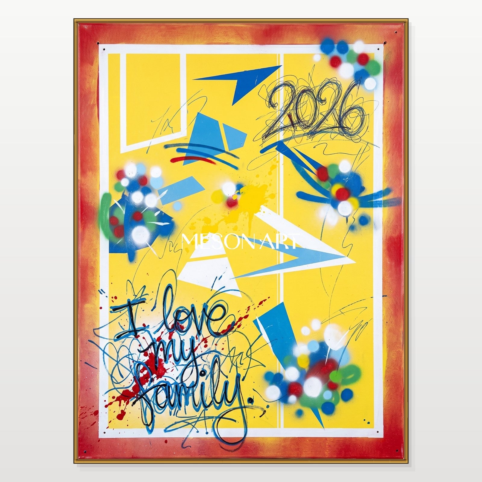 Yellow And Red Graffiti Painting Banksy Style Original Artist Hand Painted Rectangular Wall Art For Living Room By Mesonart