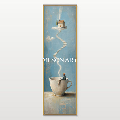 Surrealist Teacup Stairway Art For Modern Living Room Decor With Dreamy Blue Tones