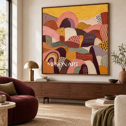 Gold And Pink Abstract Landscape Painting Original Hand Painted Square Wall Art For Living Room By Mesonart