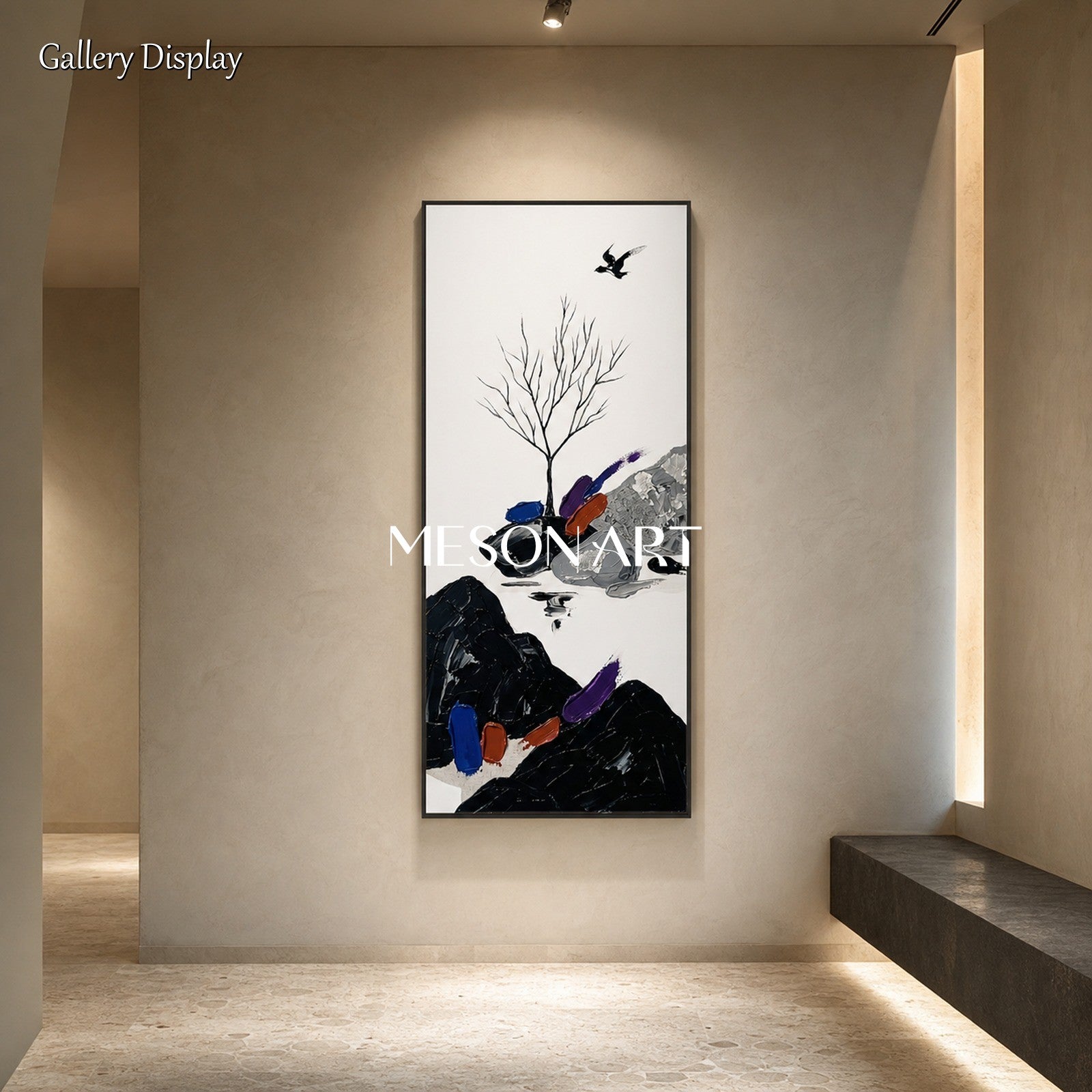 Large Black And White Abstract Landscape Painting With Color Accents For Living Room