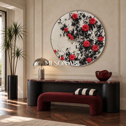 Red And Black Botanical Painting Modern Organic Circular Wall Art Original Hand Painted By Mesonart