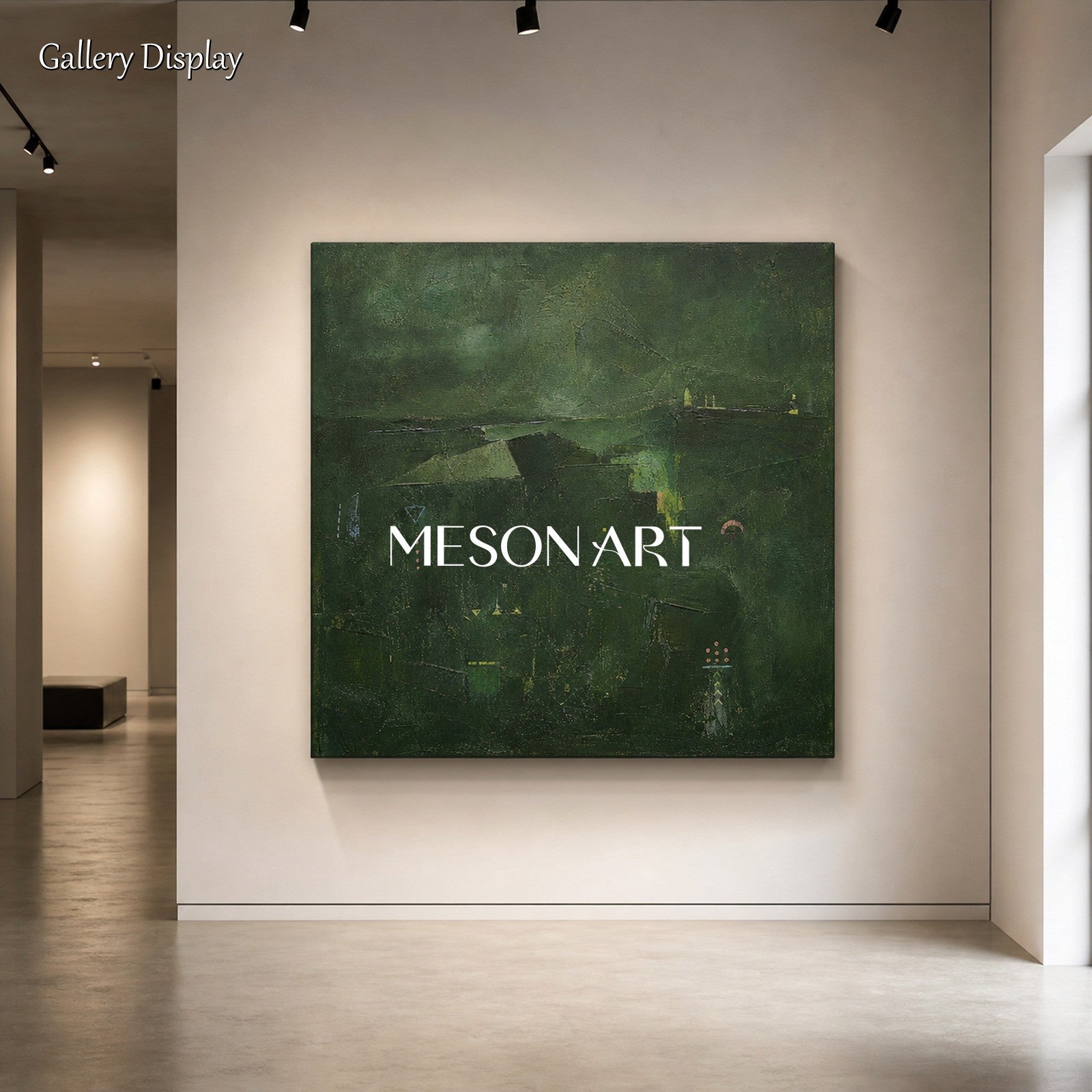 Emerald Silence Original Green Abstract Landscape Painting With Gold Frame For Modern Living Room And Home Office Decor